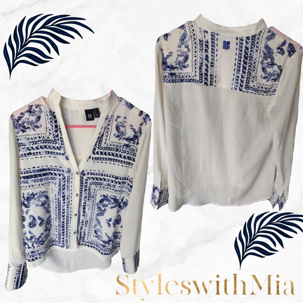 Silky Blue and White Print High low Button Down
